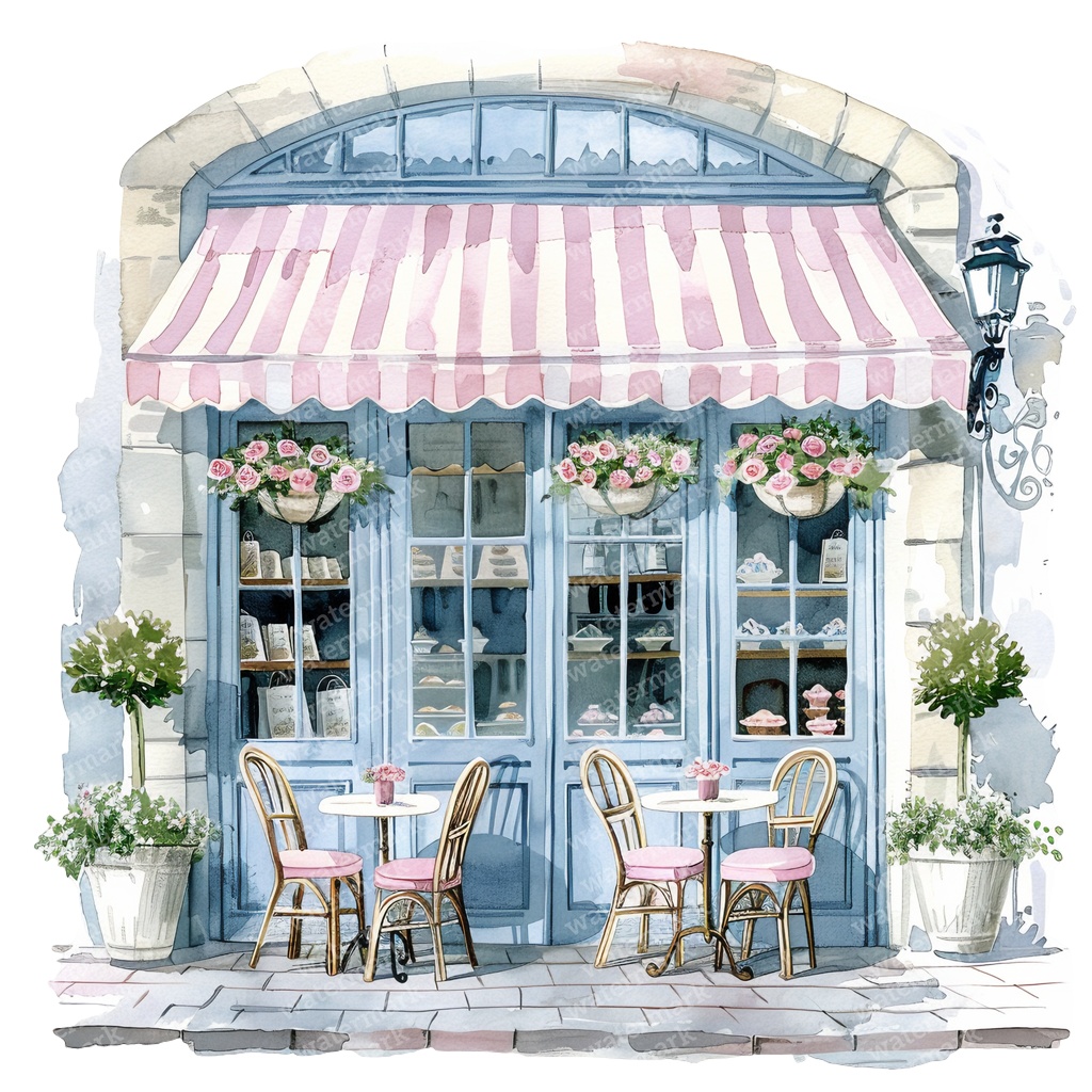 【商用利用可】フレンチカフェ外観(水彩カフェ店舗)クリップアート16点セット|高解像度・透過PNG|パリ風街並み|コラージュ・ジャンクジャーナル素材|即ダウンロード