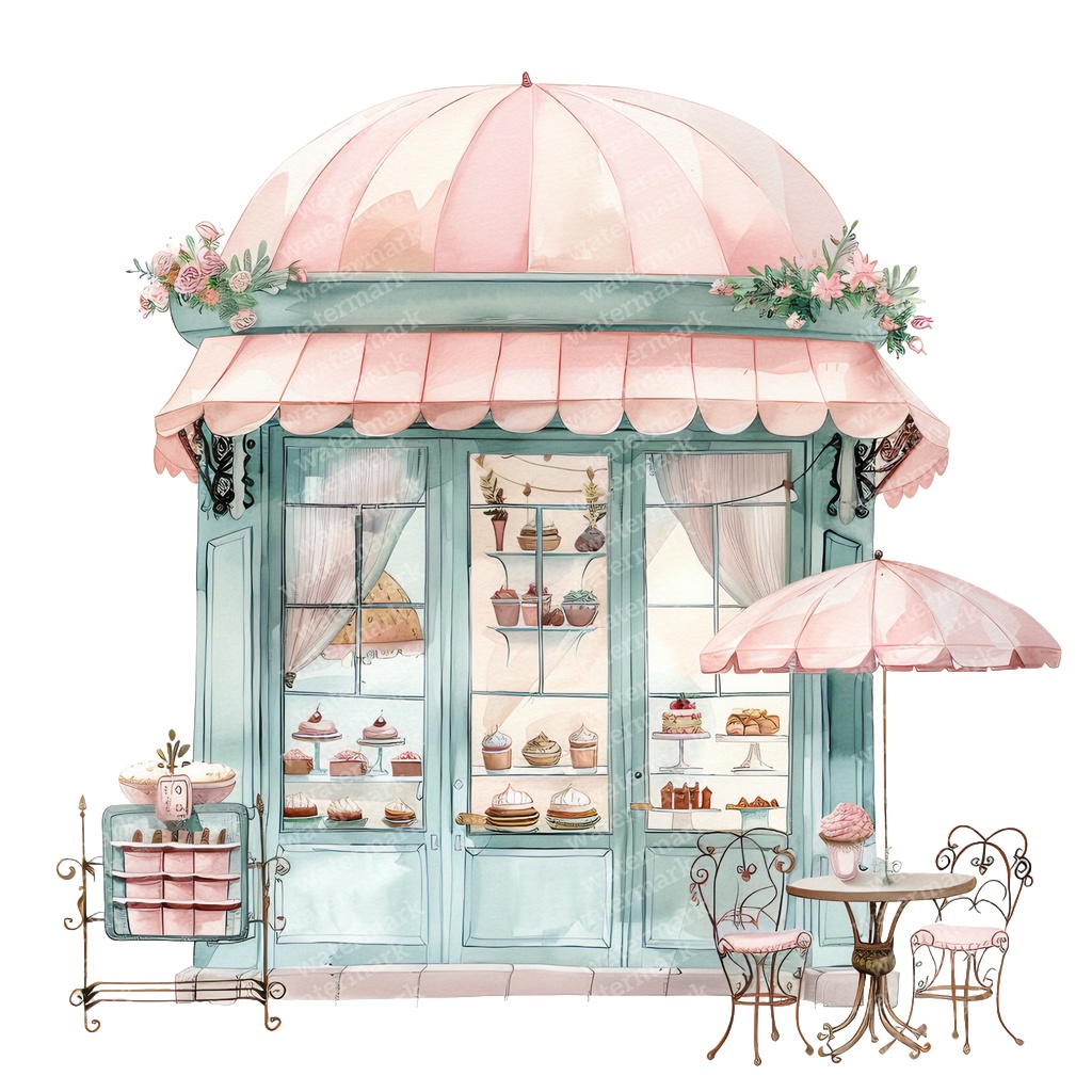 【商用利用可】フレンチカフェ外観(水彩カフェ店舗)クリップアート16点セット|高解像度・透過PNG|パリ風街並み|コラージュ・ジャンクジャーナル素材|即ダウンロード