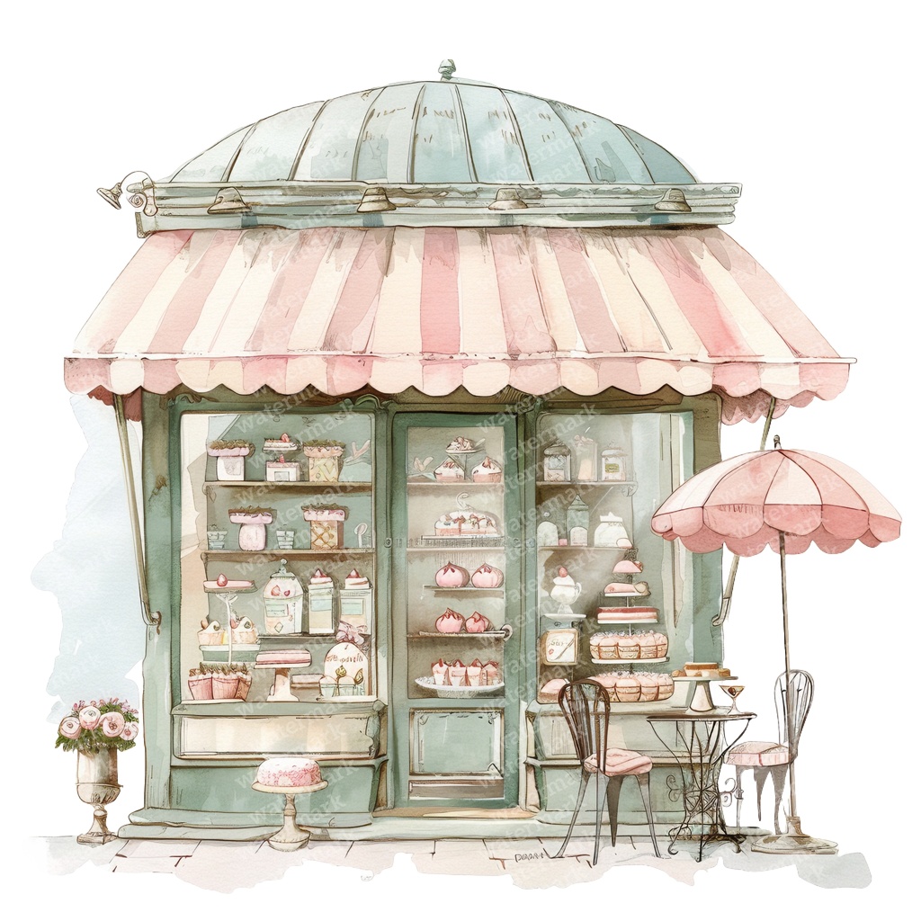 【商用利用可】フレンチカフェ外観(水彩カフェ店舗)クリップアート16点セット|高解像度・透過PNG|パリ風街並み|コラージュ・ジャンクジャーナル素材|即ダウンロード