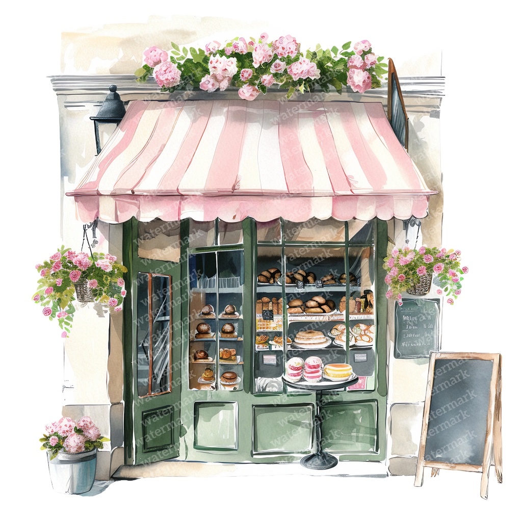 【商用利用可】フレンチカフェ外観(水彩カフェ店舗)クリップアート16点セット|高解像度・透過PNG|パリ風街並み|コラージュ・ジャンクジャーナル素材|即ダウンロード