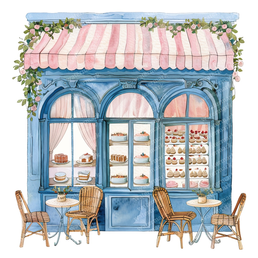 【商用利用可】フレンチカフェ外観(水彩カフェ店舗)クリップアート16点セット|高解像度・透過PNG|パリ風街並み|コラージュ・ジャンクジャーナル素材|即ダウンロード