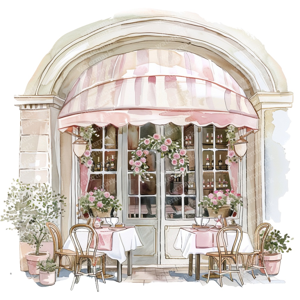 【商用利用可】フレンチカフェ外観(水彩カフェ店舗)クリップアート16点セット|高解像度・透過PNG|パリ風街並み|コラージュ・ジャンクジャーナル素材|即ダウンロード