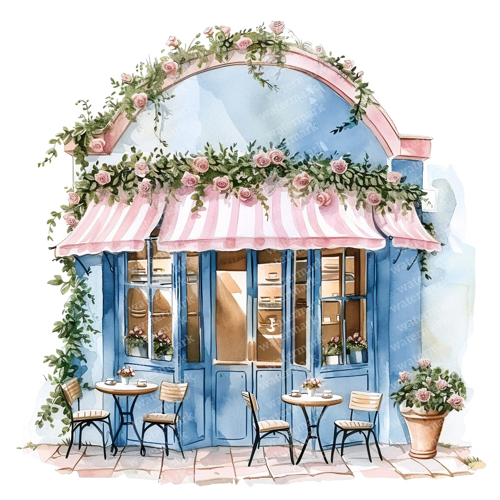 【商用利用可】フレンチカフェ外観(水彩カフェ店舗)クリップアート16点セット|高解像度・透過PNG|パリ風街並み|コラージュ・ジャンクジャーナル素材|即ダウンロード