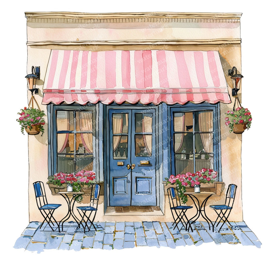 【商用利用可】フレンチカフェ外観(水彩カフェ店舗)クリップアート16点セット|高解像度・透過PNG|パリ風街並み|コラージュ・ジャンクジャーナル素材|即ダウンロード