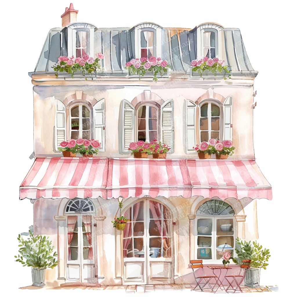 【商用利用可】フレンチカフェ外観(水彩カフェ店舗)クリップアート16点セット|高解像度・透過PNG|パリ風街並み|コラージュ・ジャンクジャーナル素材|即ダウンロード