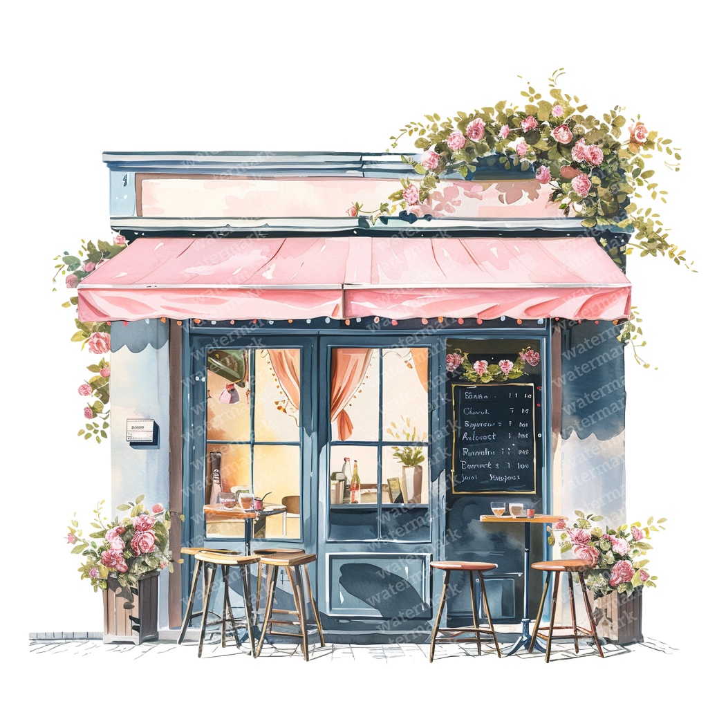 【商用利用可】フレンチカフェ外観(水彩カフェ店舗)クリップアート16点セット|高解像度・透過PNG|パリ風街並み|コラージュ・ジャンクジャーナル素材|即ダウンロード