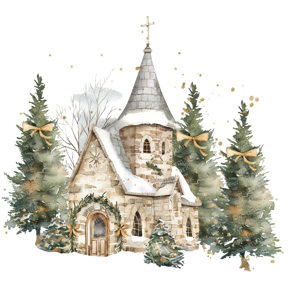 【商用利用可】クリスマス教会(水彩スノーチャーチ)クリップアート18点セット|高解像度・透過PNG|雪景色・冬の風景|コラージュ・ジャンクジャーナル素材|即ダウンロード