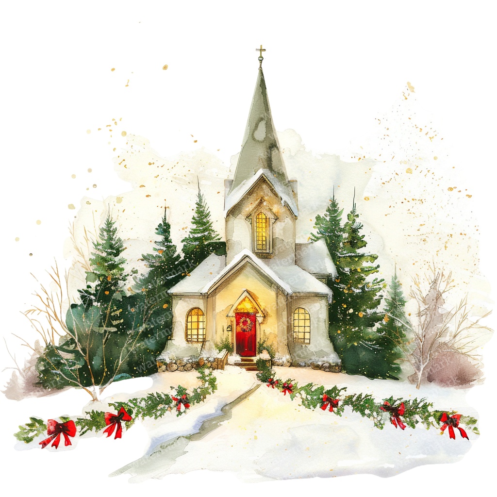【商用利用可】クリスマス教会(水彩スノーチャーチ)クリップアート18点セット|高解像度・透過PNG|雪景色・冬の風景|コラージュ・ジャンクジャーナル素材|即ダウンロード