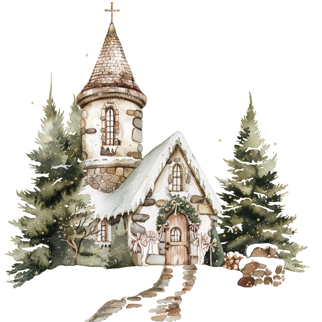 【商用利用可】クリスマス教会(水彩スノーチャーチ)クリップアート18点セット|高解像度・透過PNG|雪景色・冬の風景|コラージュ・ジャンクジャーナル素材|即ダウンロード