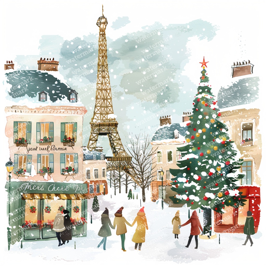 【商用利用可】パリのクリスマス(水彩パリ冬の街並み)クリップアート20点セット|高解像度JPG|ロマンティック風景|コラージュ・ジャンクジャーナル素材|即ダウンロード