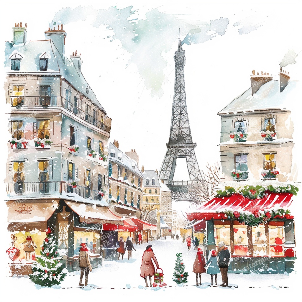 【商用利用可】パリのクリスマス(水彩パリ冬の街並み)クリップアート20点セット|高解像度JPG|ロマンティック風景|コラージュ・ジャンクジャーナル素材|即ダウンロード