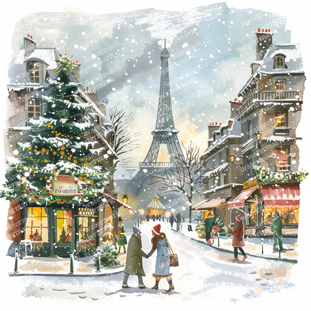 【商用利用可】パリのクリスマス(水彩パリ冬の街並み)クリップアート20点セット|高解像度JPG|ロマンティック風景|コラージュ・ジャンクジャーナル素材|即ダウンロード