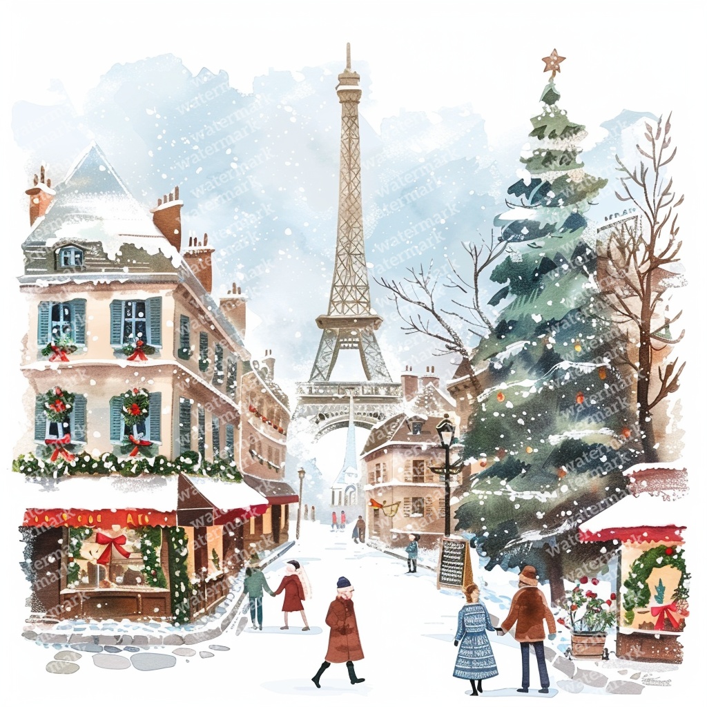 【商用利用可】パリのクリスマス(水彩パリ冬の街並み)クリップアート20点セット|高解像度JPG|ロマンティック風景|コラージュ・ジャンクジャーナル素材|即ダウンロード