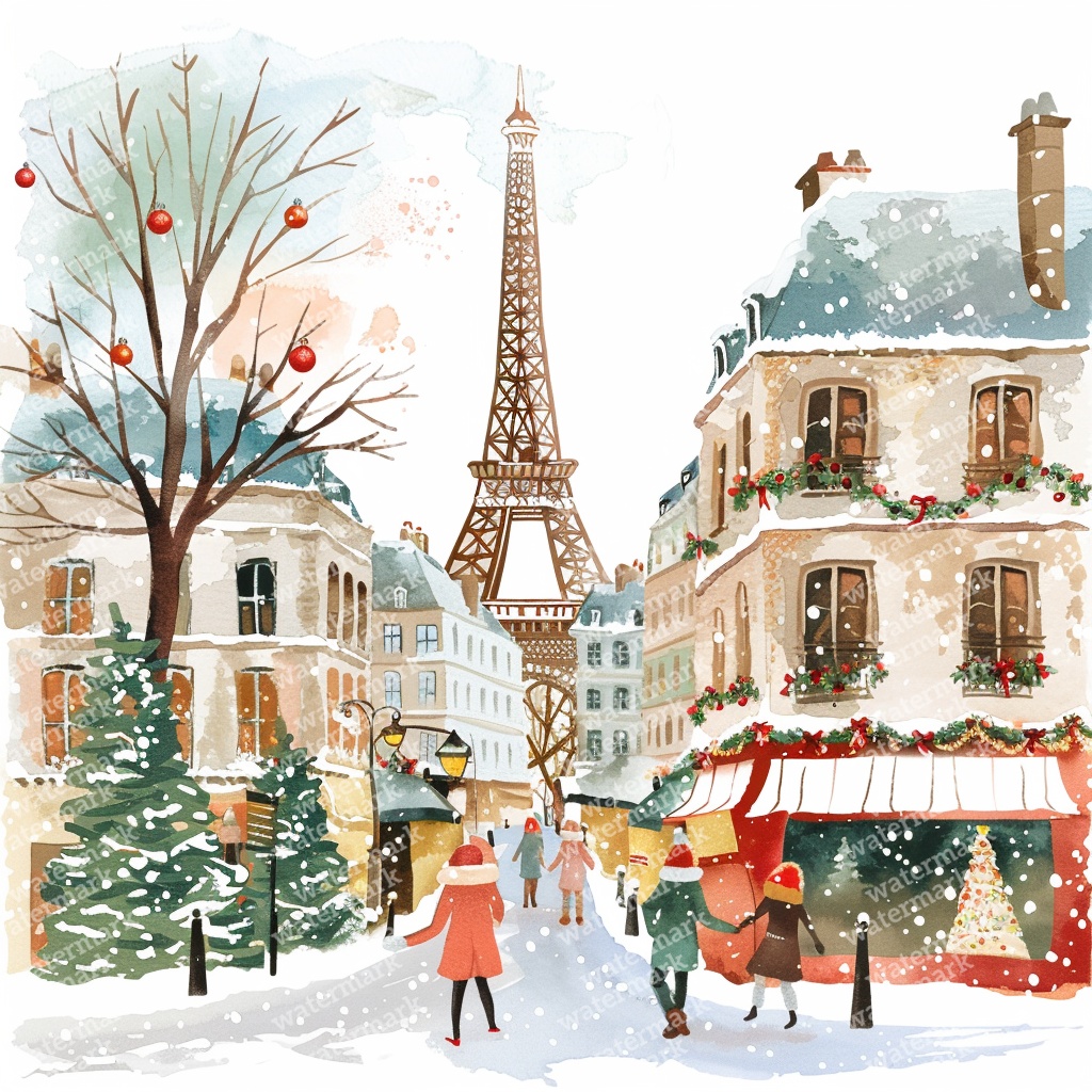 【商用利用可】パリのクリスマス（水彩パリ冬の街並み）クリップアート20点セット｜高解像度JPG｜ロマンティック風景｜コラージュ・ジャンクジャーナル素材｜即ダウンロード