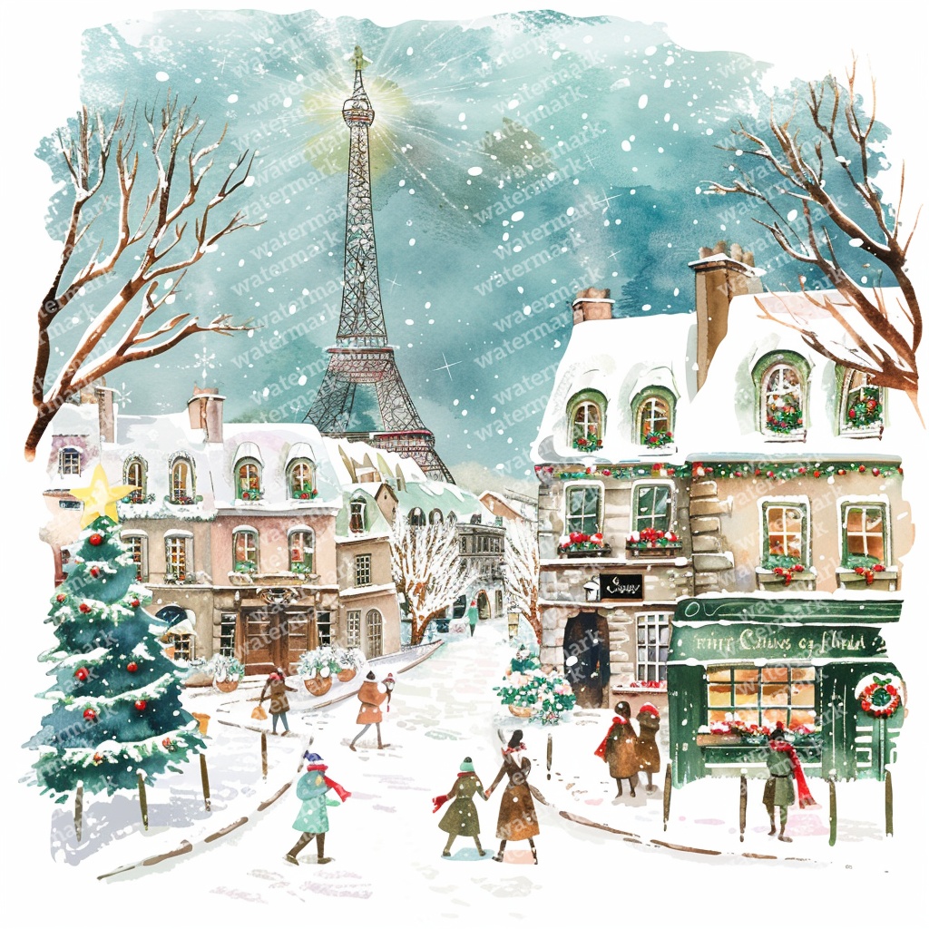 【商用利用可】パリのクリスマス(水彩パリ冬の街並み)クリップアート20点セット|高解像度JPG|ロマンティック風景|コラージュ・ジャンクジャーナル素材|即ダウンロード