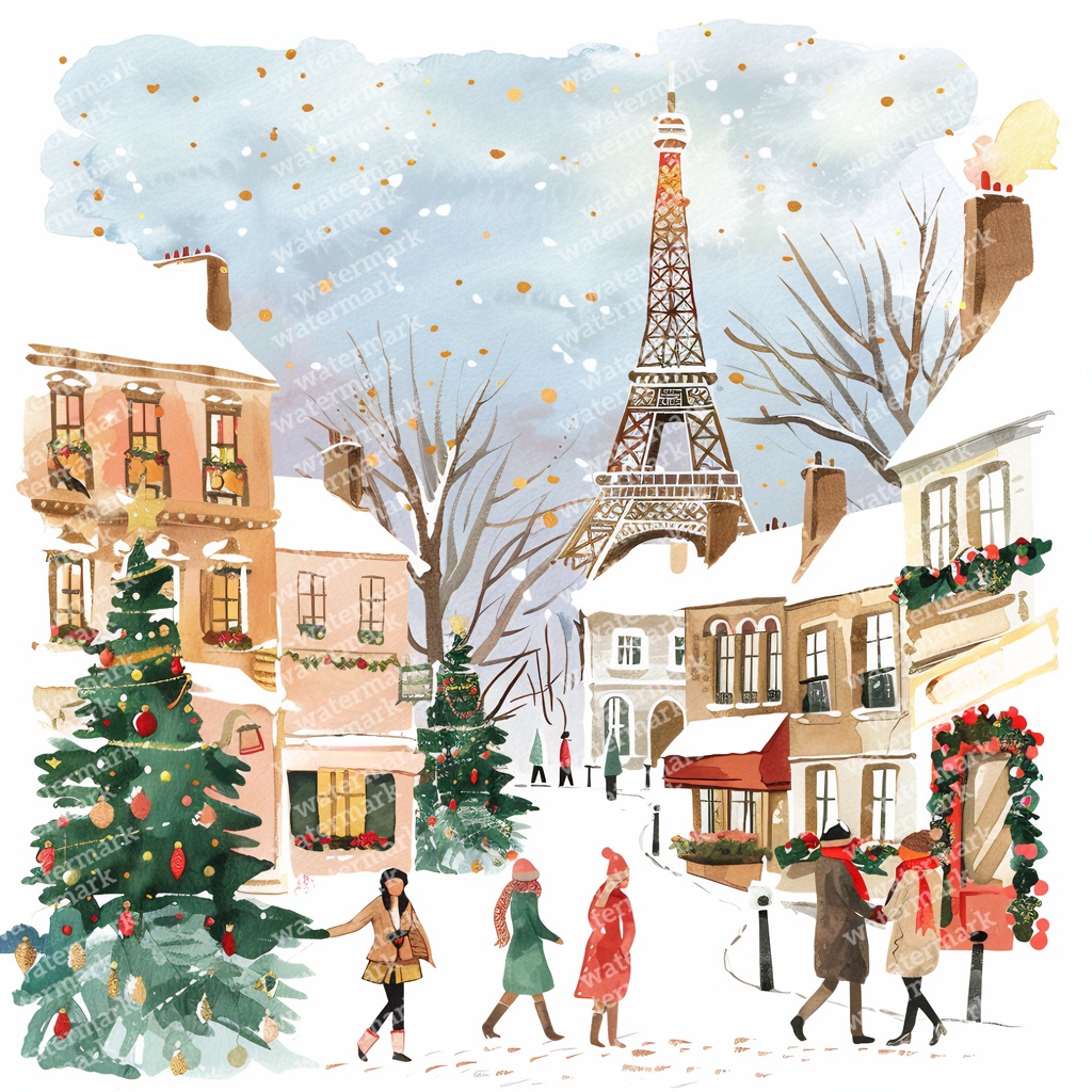 【商用利用可】パリのクリスマス(水彩パリ冬の街並み)クリップアート20点セット|高解像度JPG|ロマンティック風景|コラージュ・ジャンクジャーナル素材|即ダウンロード