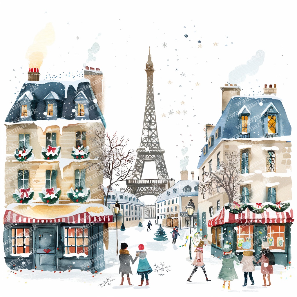 【商用利用可】パリのクリスマス(水彩パリ冬の街並み)クリップアート20点セット|高解像度JPG|ロマンティック風景|コラージュ・ジャンクジャーナル素材|即ダウンロード