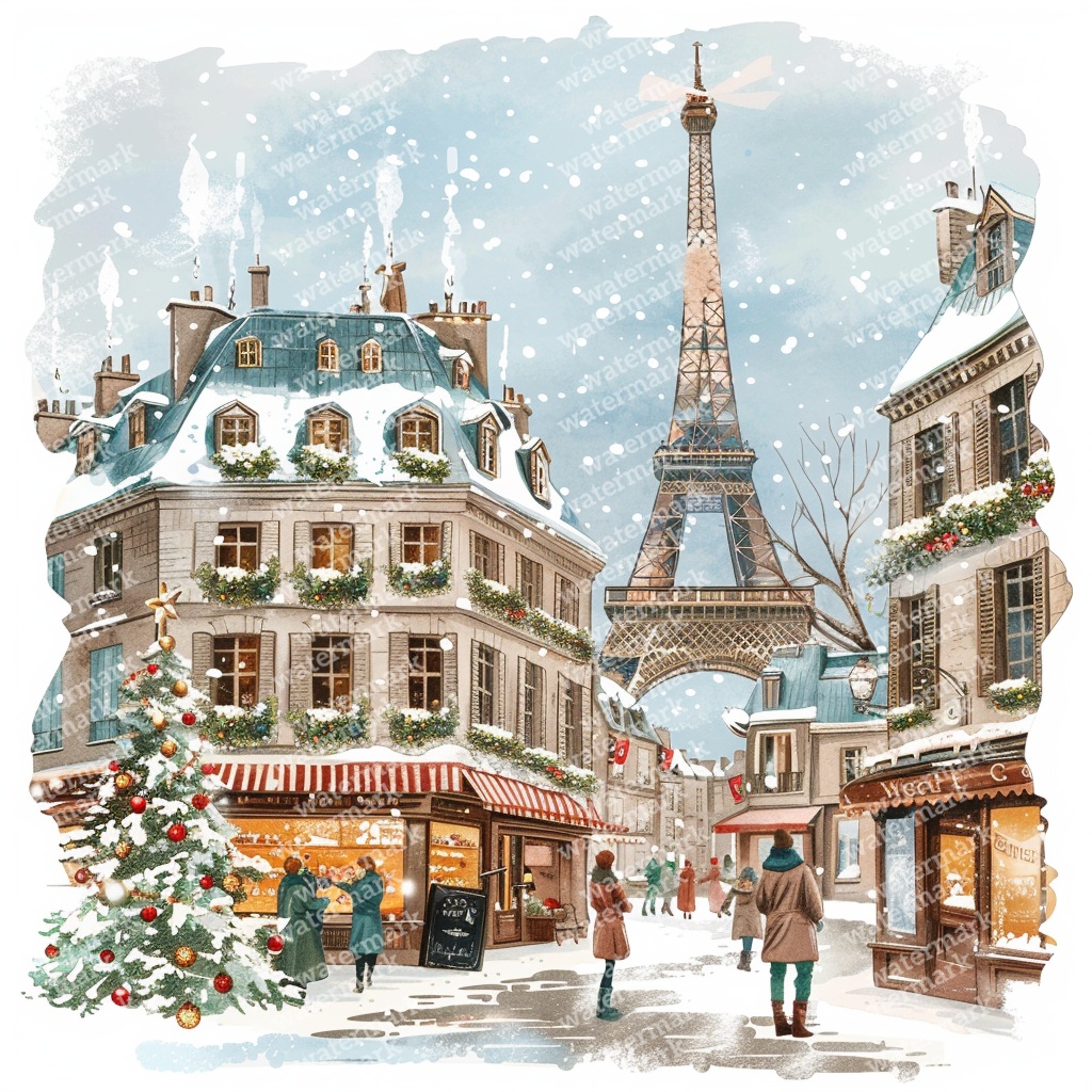 【商用利用可】パリのクリスマス(水彩パリ冬の街並み)クリップアート20点セット|高解像度JPG|ロマンティック風景|コラージュ・ジャンクジャーナル素材|即ダウンロード