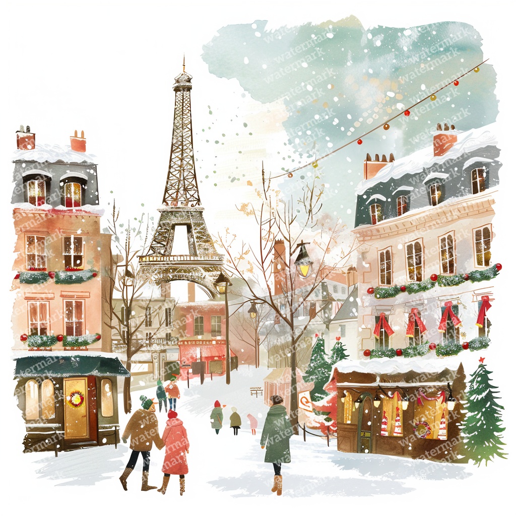 【商用利用可】パリのクリスマス(水彩パリ冬の街並み)クリップアート20点セット|高解像度JPG|ロマンティック風景|コラージュ・ジャンクジャーナル素材|即ダウンロード