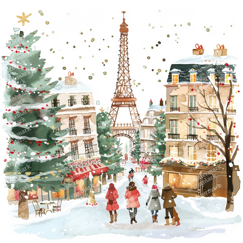 【商用利用可】パリのクリスマス(水彩パリ冬の街並み)クリップアート20点セット|高解像度JPG|ロマンティック風景|コラージュ・ジャンクジャーナル素材|即ダウンロード