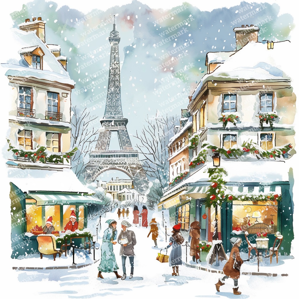 【商用利用可】パリのクリスマス(水彩パリ冬の街並み)クリップアート20点セット|高解像度JPG|ロマンティック風景|コラージュ・ジャンクジャーナル素材|即ダウンロード