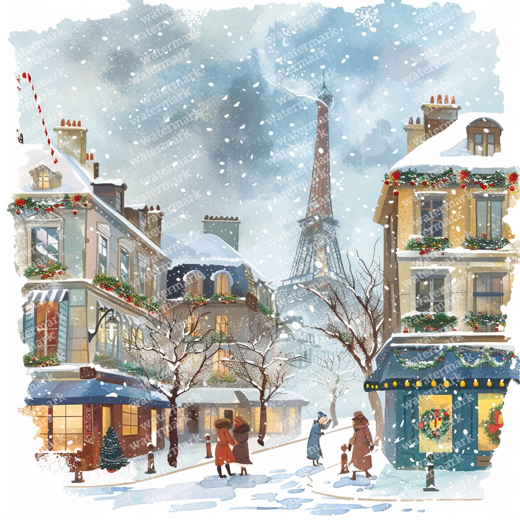 【商用利用可】パリのクリスマス(水彩パリ冬の街並み)クリップアート20点セット|高解像度JPG|ロマンティック風景|コラージュ・ジャンクジャーナル素材|即ダウンロード