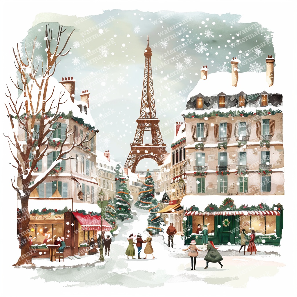 【商用利用可】パリのクリスマス(水彩パリ冬の街並み)クリップアート20点セット|高解像度JPG|ロマンティック風景|コラージュ・ジャンクジャーナル素材|即ダウンロード