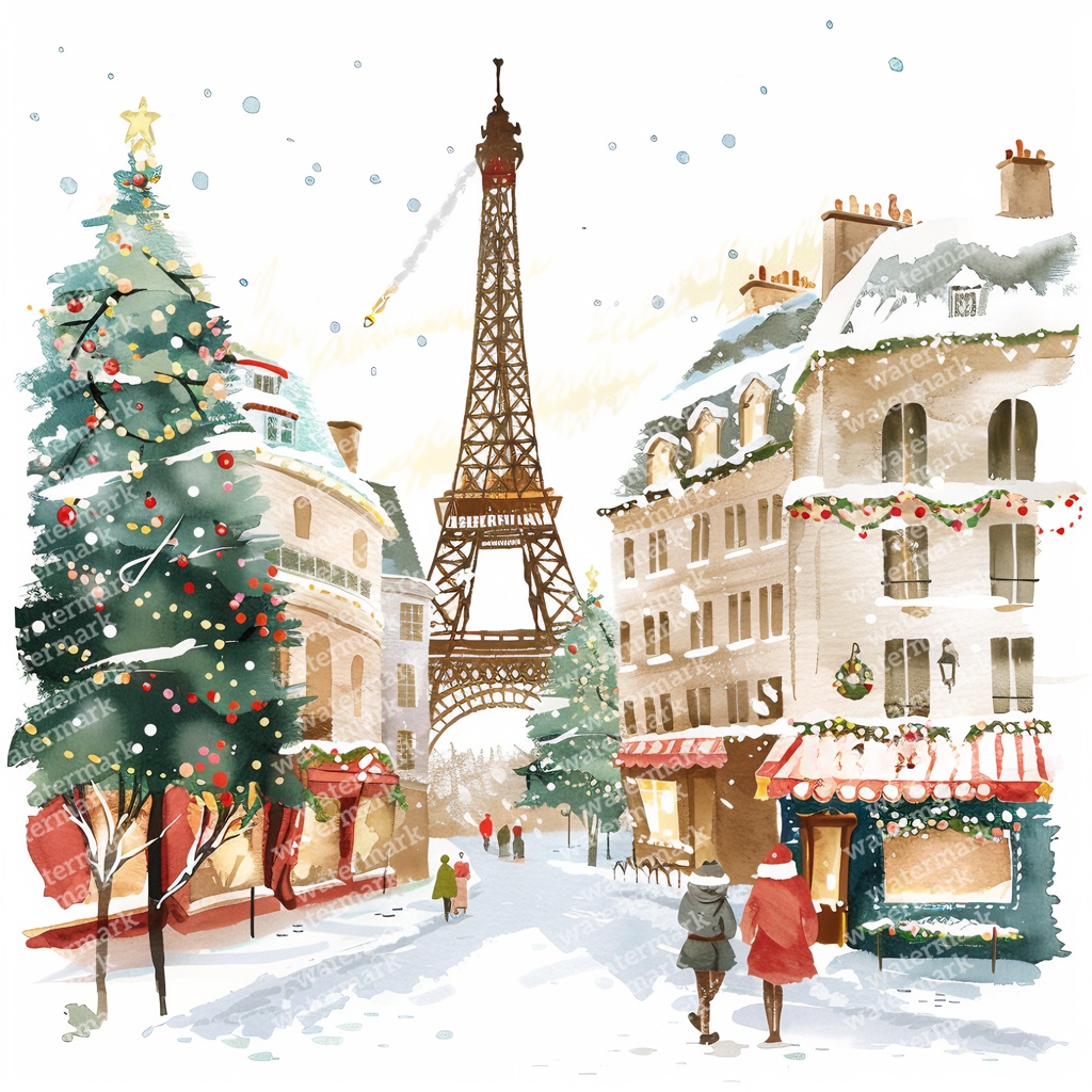 【商用利用可】パリのクリスマス(水彩パリ冬の街並み)クリップアート20点セット|高解像度JPG|ロマンティック風景|コラージュ・ジャンクジャーナル素材|即ダウンロード