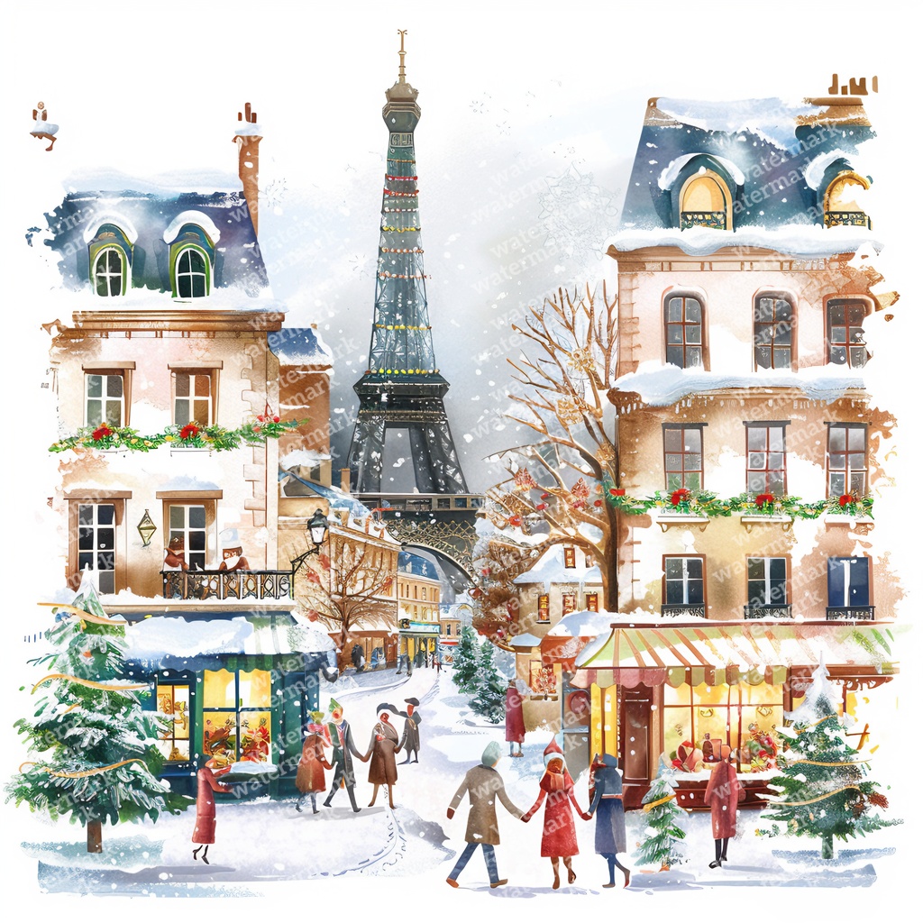 【商用利用可】パリのクリスマス(水彩パリ冬の街並み)クリップアート20点セット|高解像度JPG|ロマンティック風景|コラージュ・ジャンクジャーナル素材|即ダウンロード