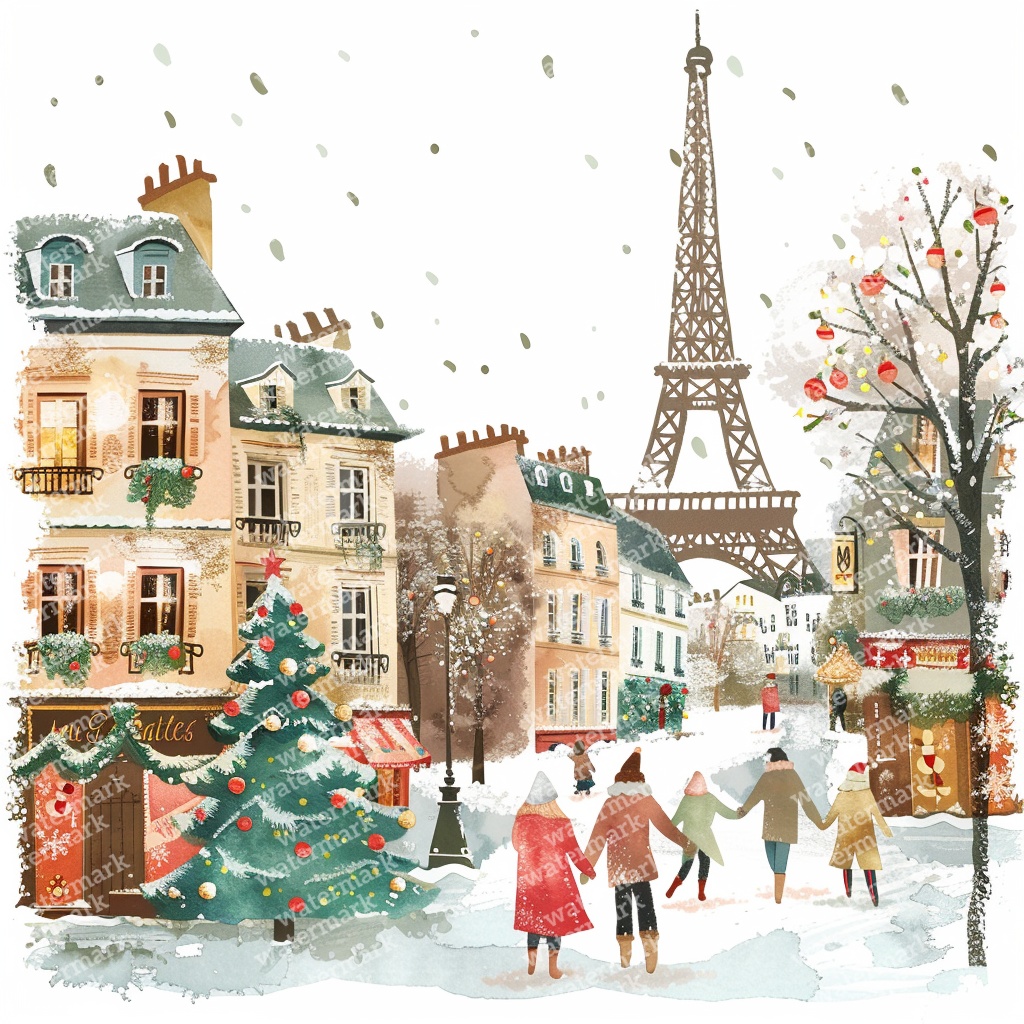 【商用利用可】パリのクリスマス(水彩パリ冬の街並み)クリップアート20点セット|高解像度JPG|ロマンティック風景|コラージュ・ジャンクジャーナル素材|即ダウンロード