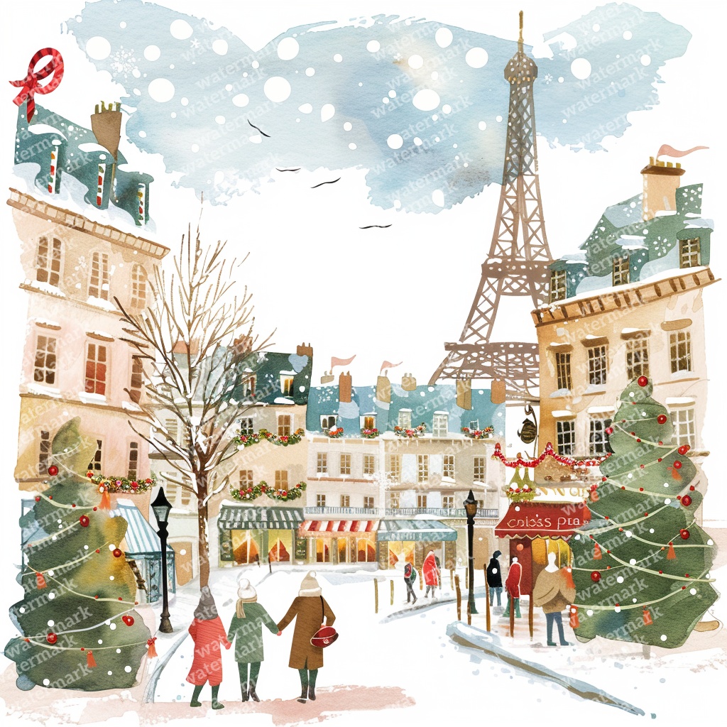 【商用利用可】パリのクリスマス(水彩パリ冬の街並み)クリップアート20点セット|高解像度JPG|ロマンティック風景|コラージュ・ジャンクジャーナル素材|即ダウンロード