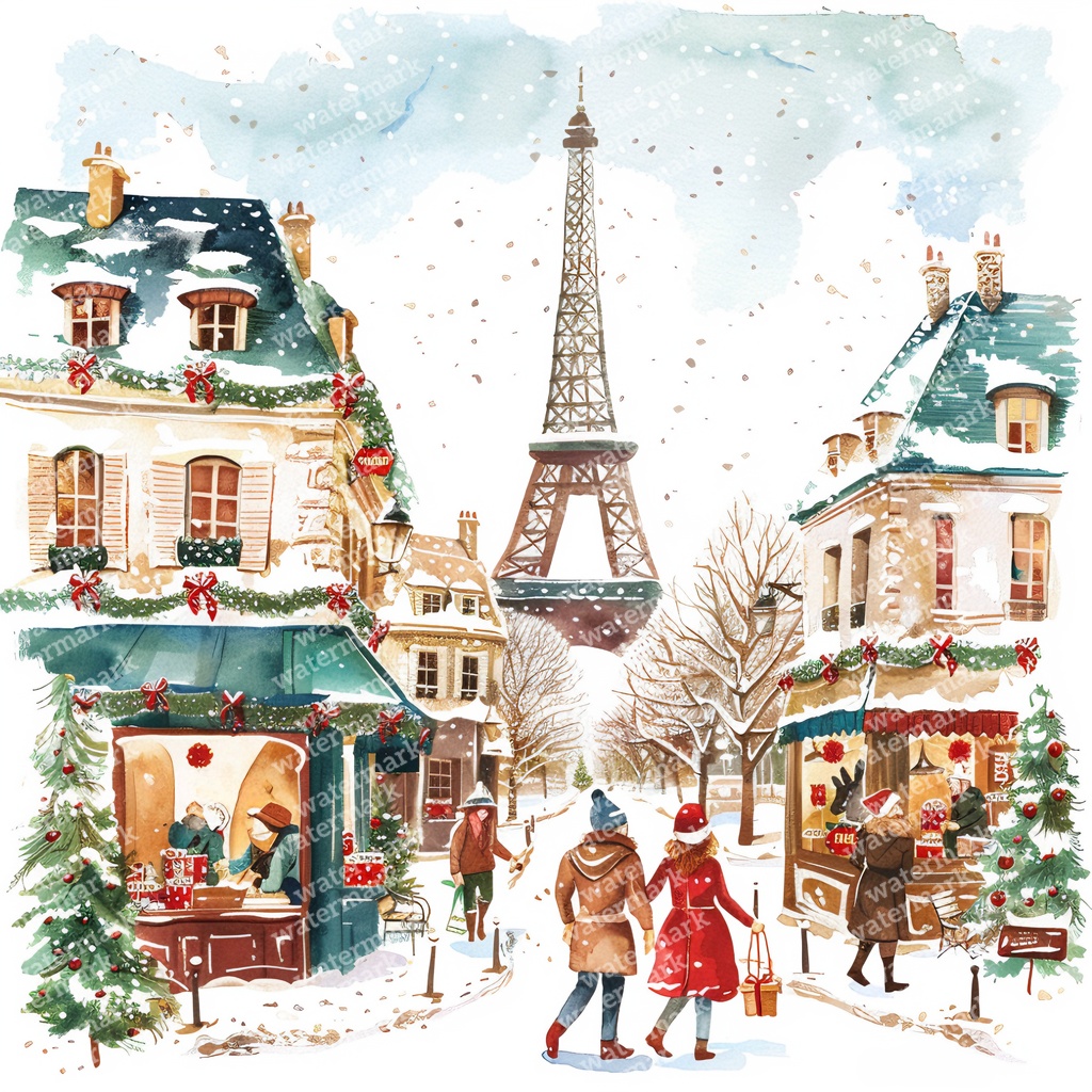 【商用利用可】パリのクリスマス(水彩パリ冬の街並み)クリップアート20点セット|高解像度JPG|ロマンティック風景|コラージュ・ジャンクジャーナル素材|即ダウンロード
