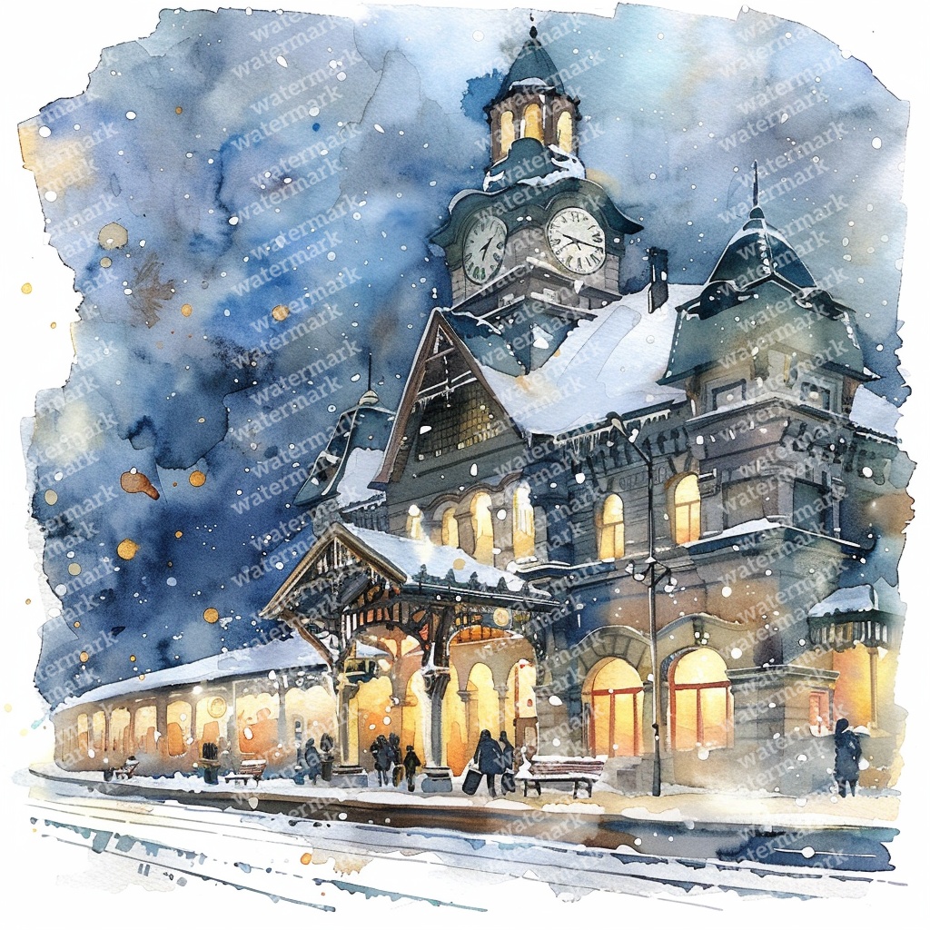 【商用利用可】クリスマスの街(水彩ウィンタータウン)クリップアート20点セット|高解像度JPG|印刷OK|雪景色・冬の風景|コラージュ・ジャンクジャーナル素材|即ダウンロード