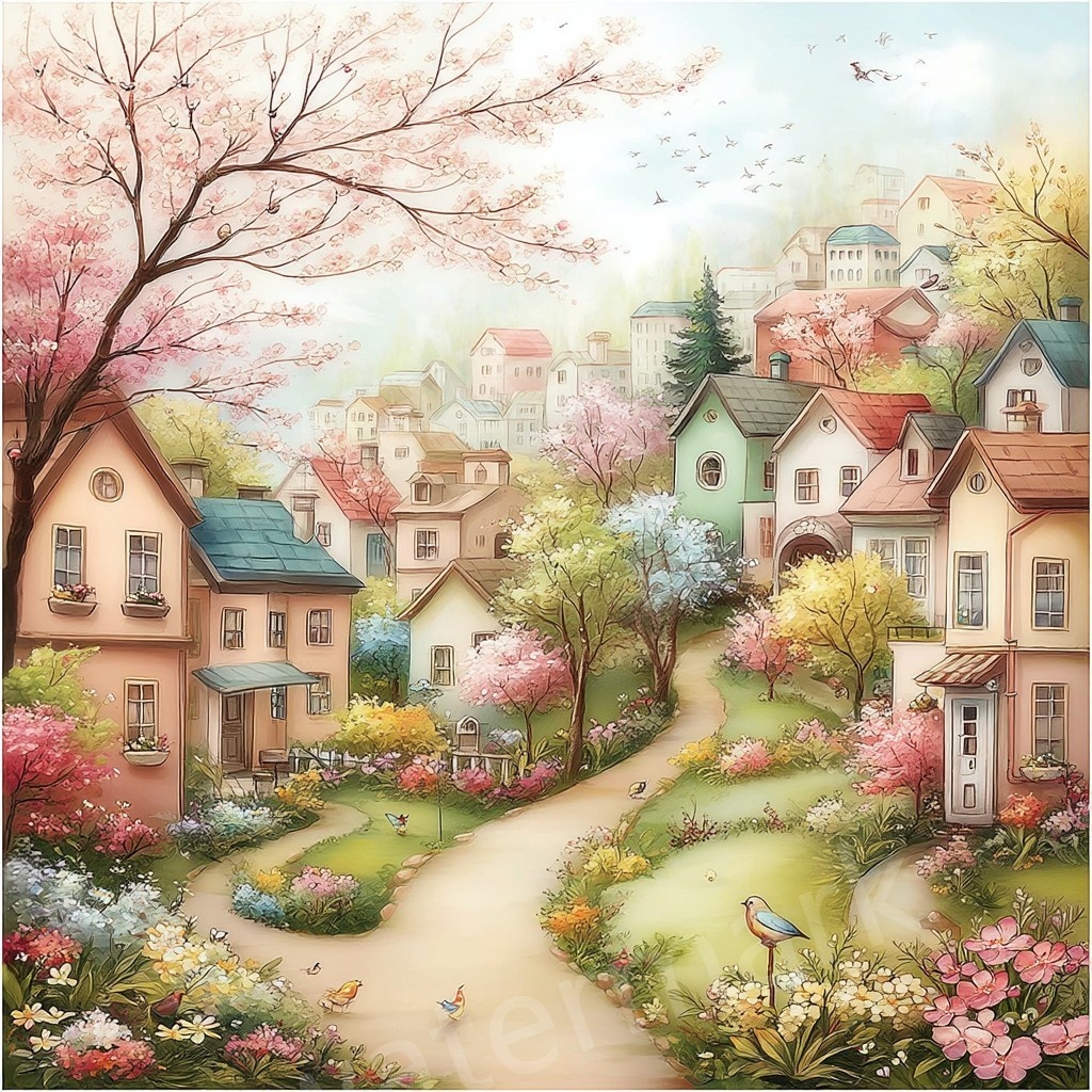 【商用利用可】ウィムジカル春の村（水彩スプリングビレッジ）クリップアート20点セット｜高解像度JPG｜印刷OK｜春の街並み・風景｜コラージュ・ジャンクジャーナル素材｜即ダウンロード