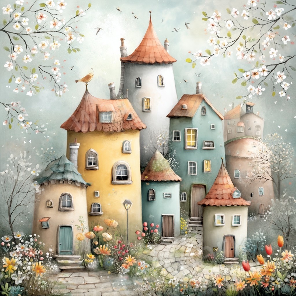 【商用利用可】ウィムジカル春の村(水彩スプリングビレッジ)クリップアート20点セット|高解像度JPG|印刷OK|春の街並み・風景|コラージュ・ジャンクジャーナル素材|即ダウンロード