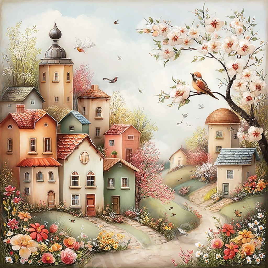 【商用利用可】ウィムジカル春の村(水彩スプリングビレッジ)クリップアート20点セット|高解像度JPG|印刷OK|春の街並み・風景|コラージュ・ジャンクジャーナル素材|即ダウンロード