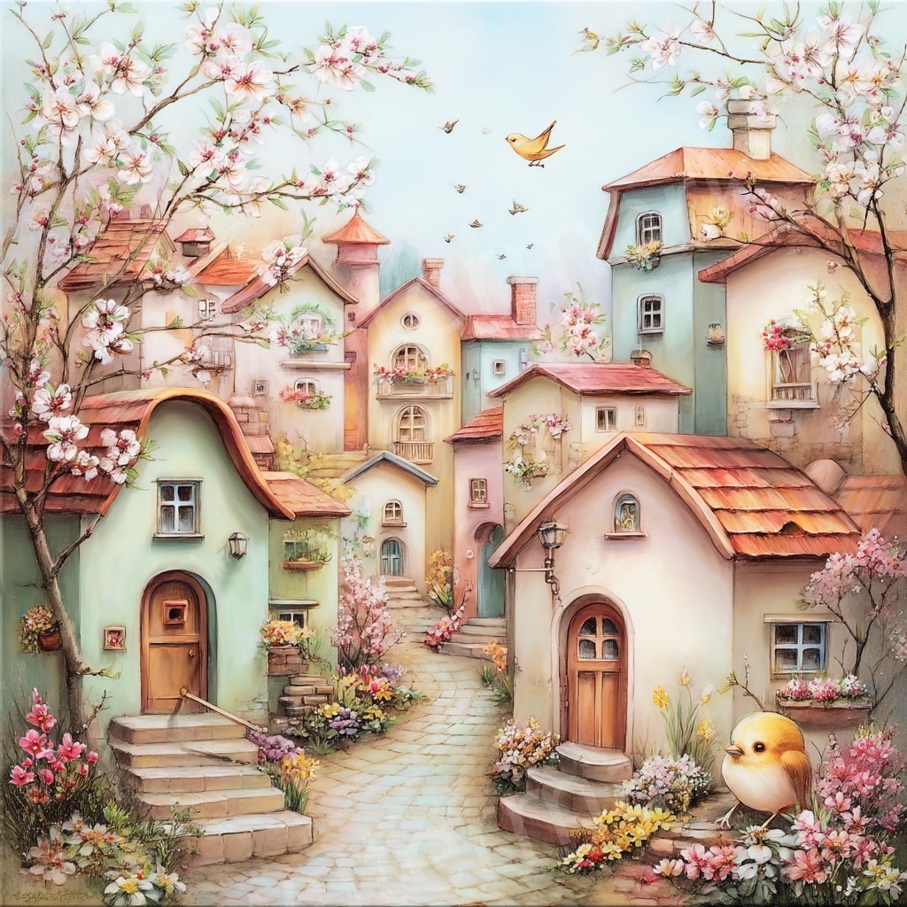 【商用利用可】ウィムジカル春の村(水彩スプリングビレッジ)クリップアート20点セット|高解像度JPG|印刷OK|春の街並み・風景|コラージュ・ジャンクジャーナル素材|即ダウンロード