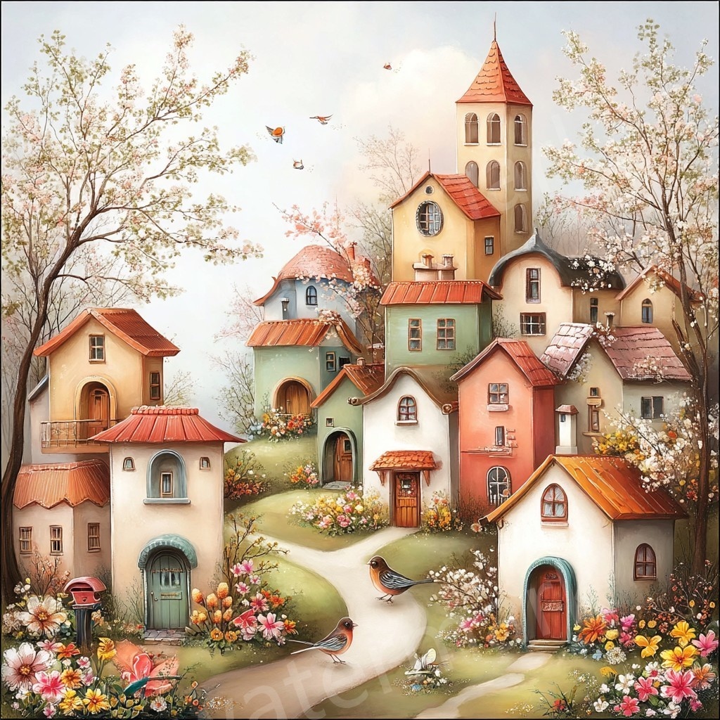 【商用利用可】ウィムジカル春の村(水彩スプリングビレッジ)クリップアート20点セット|高解像度JPG|印刷OK|春の街並み・風景|コラージュ・ジャンクジャーナル素材|即ダウンロード