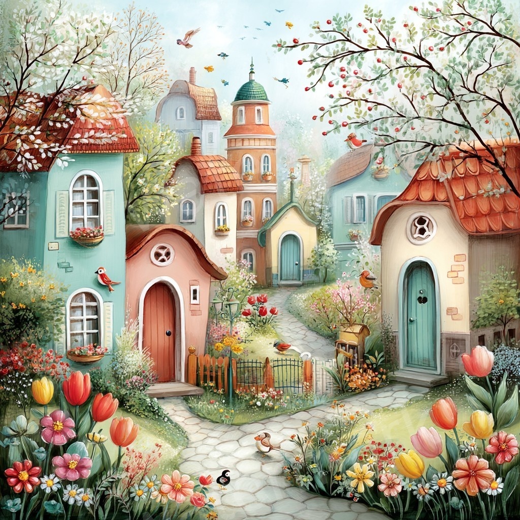 【商用利用可】ウィムジカル春の村(水彩スプリングビレッジ)クリップアート20点セット|高解像度JPG|印刷OK|春の街並み・風景|コラージュ・ジャンクジャーナル素材|即ダウンロード