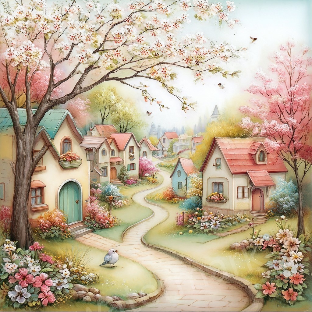 【商用利用可】ウィムジカル春の村(水彩スプリングビレッジ)クリップアート20点セット|高解像度JPG|印刷OK|春の街並み・風景|コラージュ・ジャンクジャーナル素材|即ダウンロード