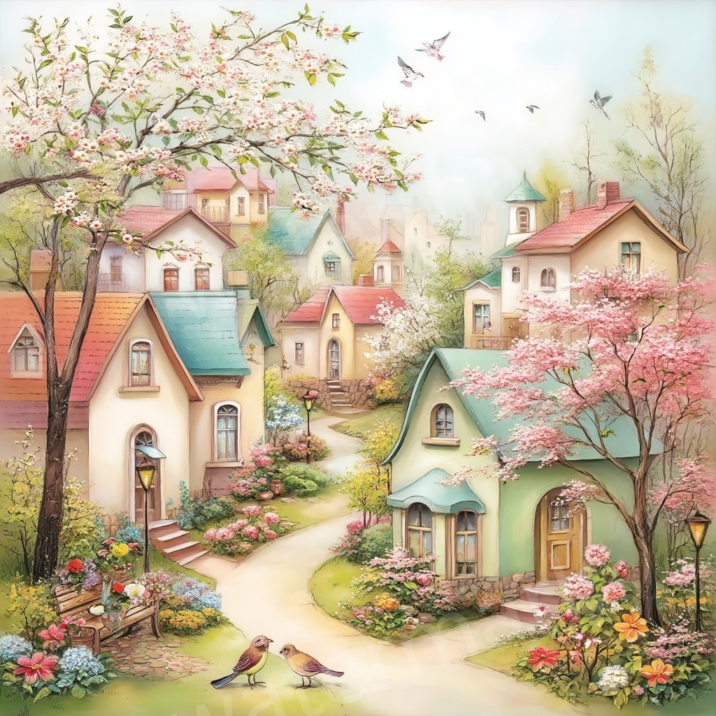 【商用利用可】ウィムジカル春の村(水彩スプリングビレッジ)クリップアート20点セット|高解像度JPG|印刷OK|春の街並み・風景|コラージュ・ジャンクジャーナル素材|即ダウンロード