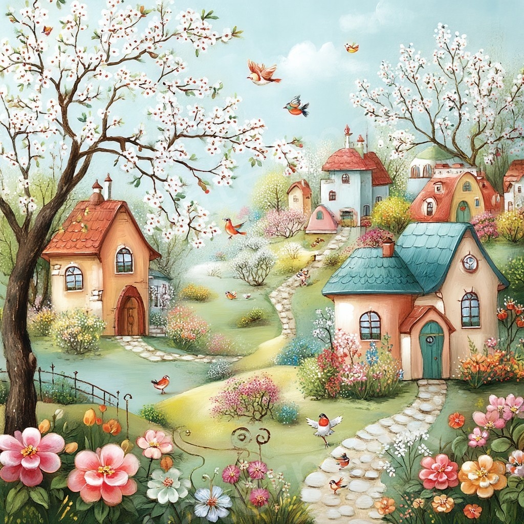 【商用利用可】ウィムジカル春の村(水彩スプリングビレッジ)クリップアート20点セット|高解像度JPG|印刷OK|春の街並み・風景|コラージュ・ジャンクジャーナル素材|即ダウンロード