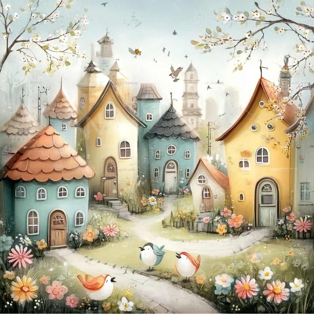 【商用利用可】ウィムジカル春の村(水彩スプリングビレッジ)クリップアート20点セット|高解像度JPG|印刷OK|春の街並み・風景|コラージュ・ジャンクジャーナル素材|即ダウンロード