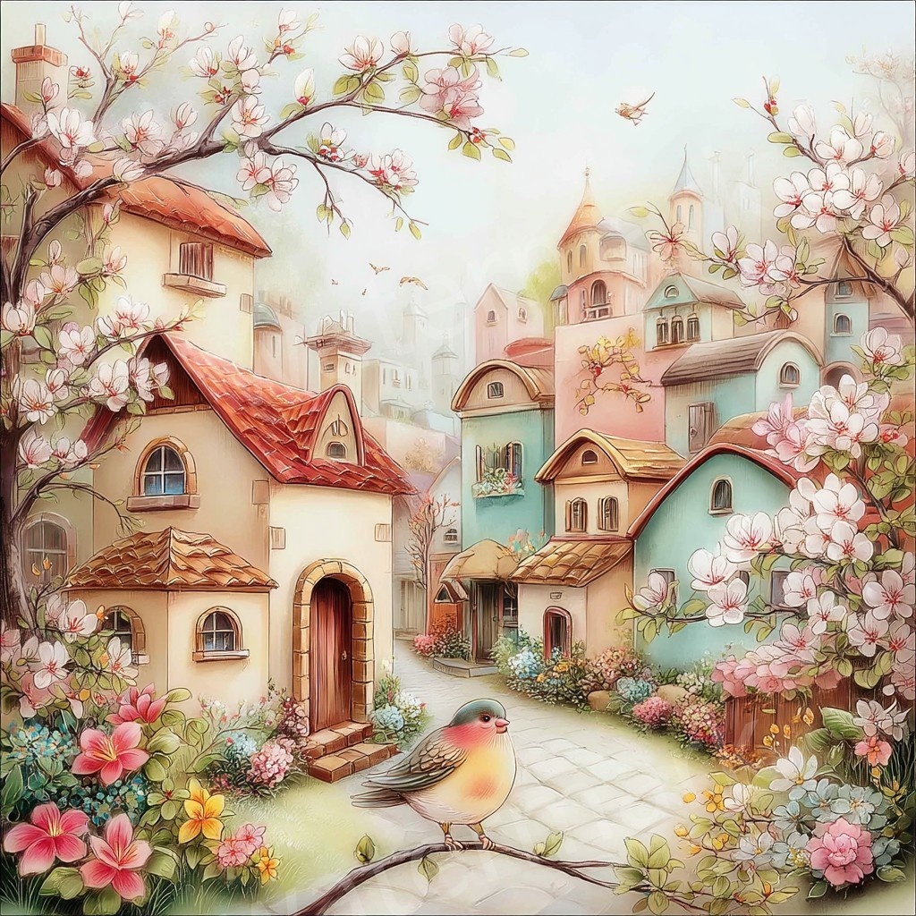 【商用利用可】ウィムジカル春の村(水彩スプリングビレッジ)クリップアート20点セット|高解像度JPG|印刷OK|春の街並み・風景|コラージュ・ジャンクジャーナル素材|即ダウンロード