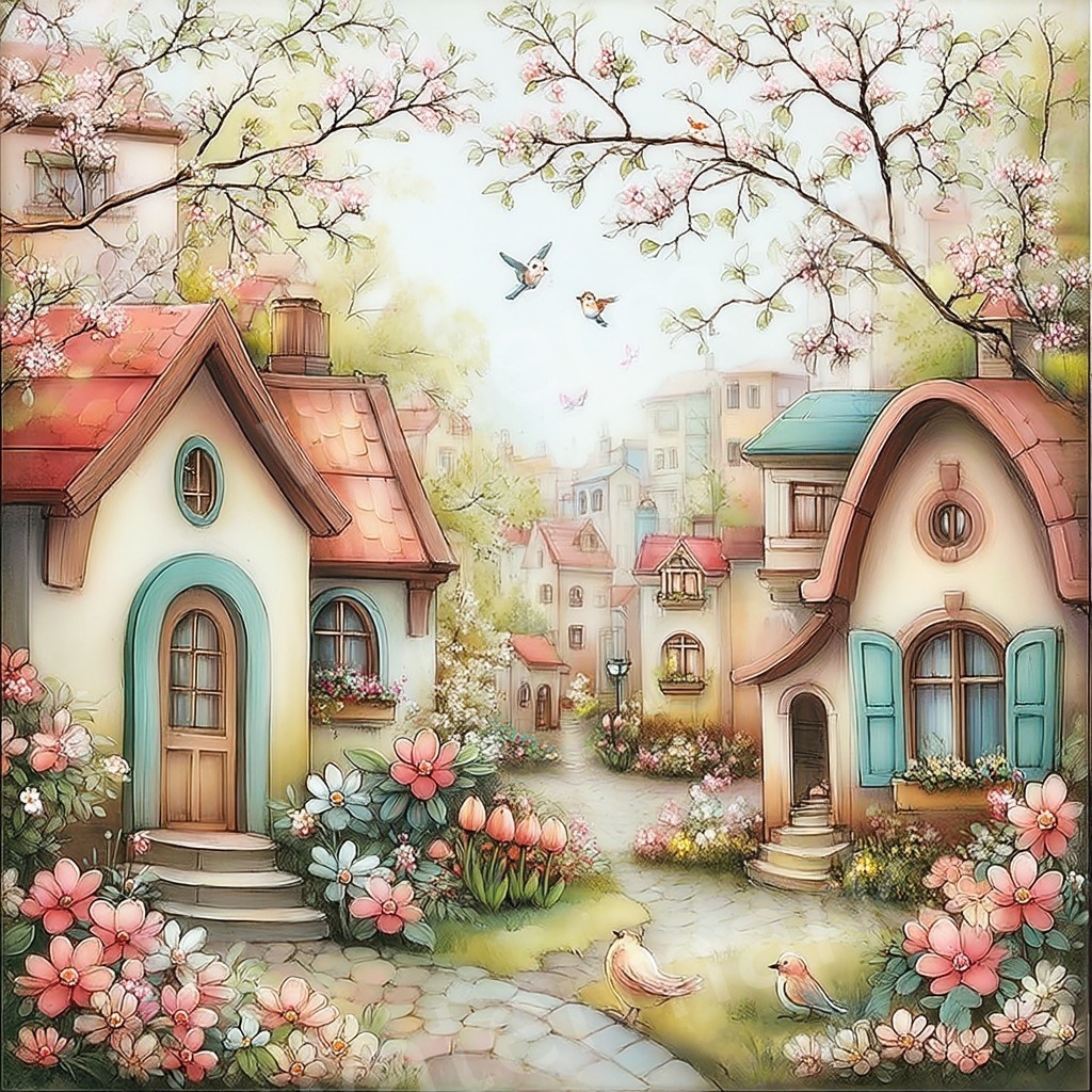 【商用利用可】ウィムジカル春の村(水彩スプリングビレッジ)クリップアート20点セット|高解像度JPG|印刷OK|春の街並み・風景|コラージュ・ジャンクジャーナル素材|即ダウンロード