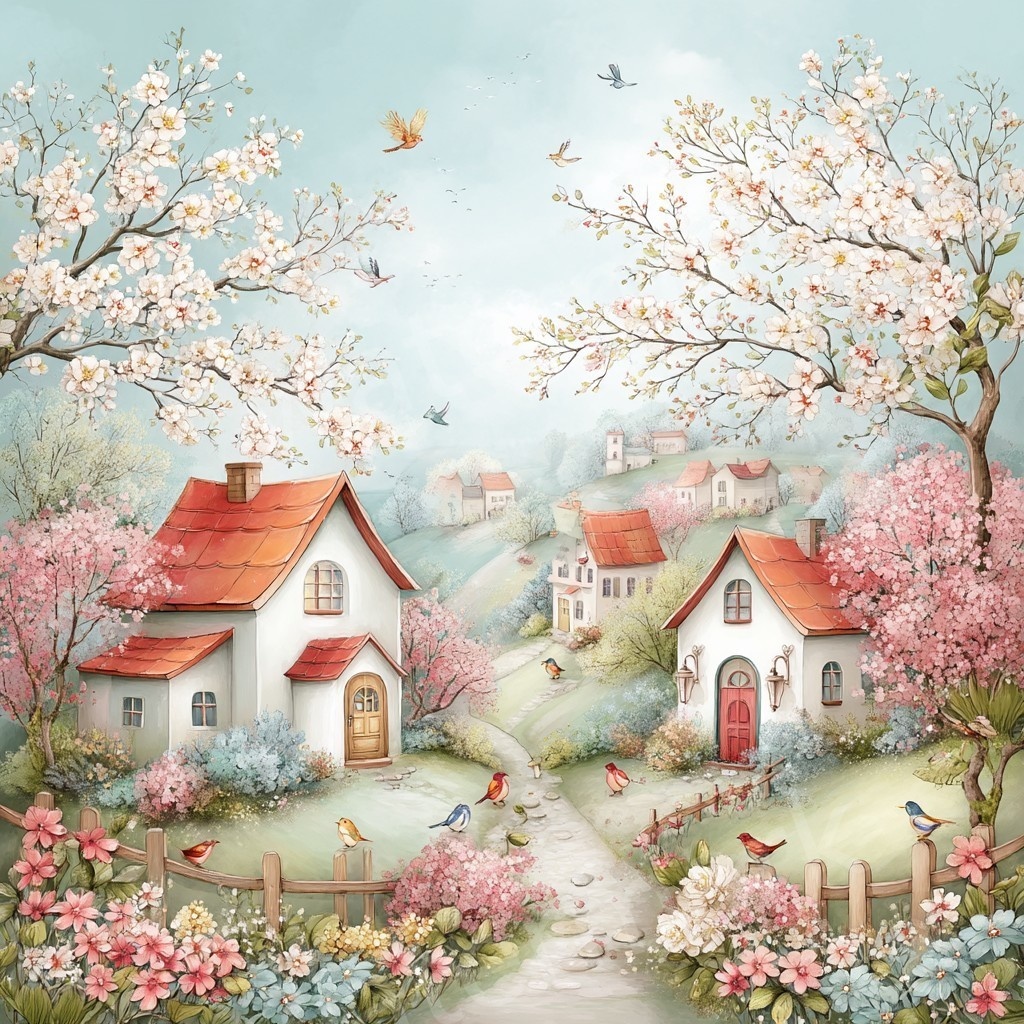 【商用利用可】ウィムジカル春の村(水彩スプリングビレッジ)クリップアート20点セット|高解像度JPG|印刷OK|春の街並み・風景|コラージュ・ジャンクジャーナル素材|即ダウンロード