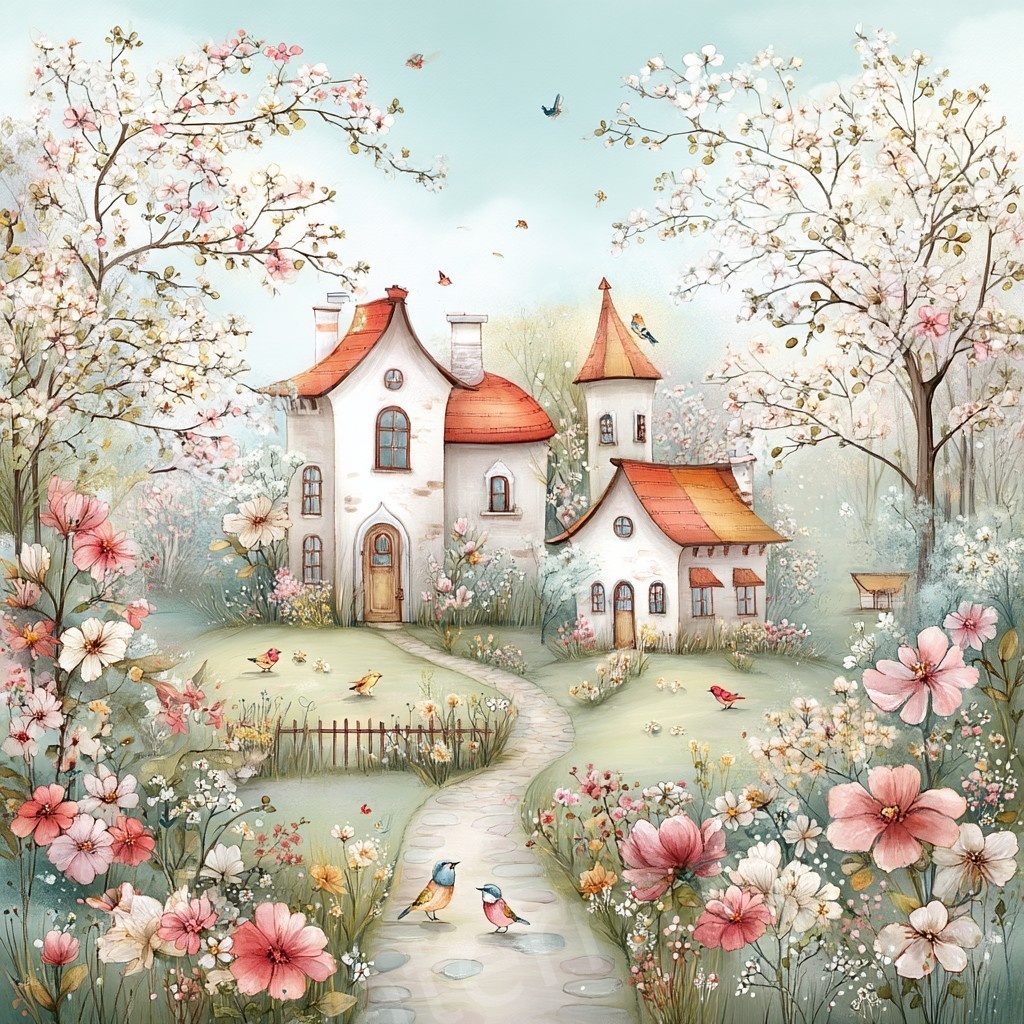 【商用利用可】ウィムジカル春の村(水彩スプリングビレッジ)クリップアート20点セット|高解像度JPG|印刷OK|春の街並み・風景|コラージュ・ジャンクジャーナル素材|即ダウンロード