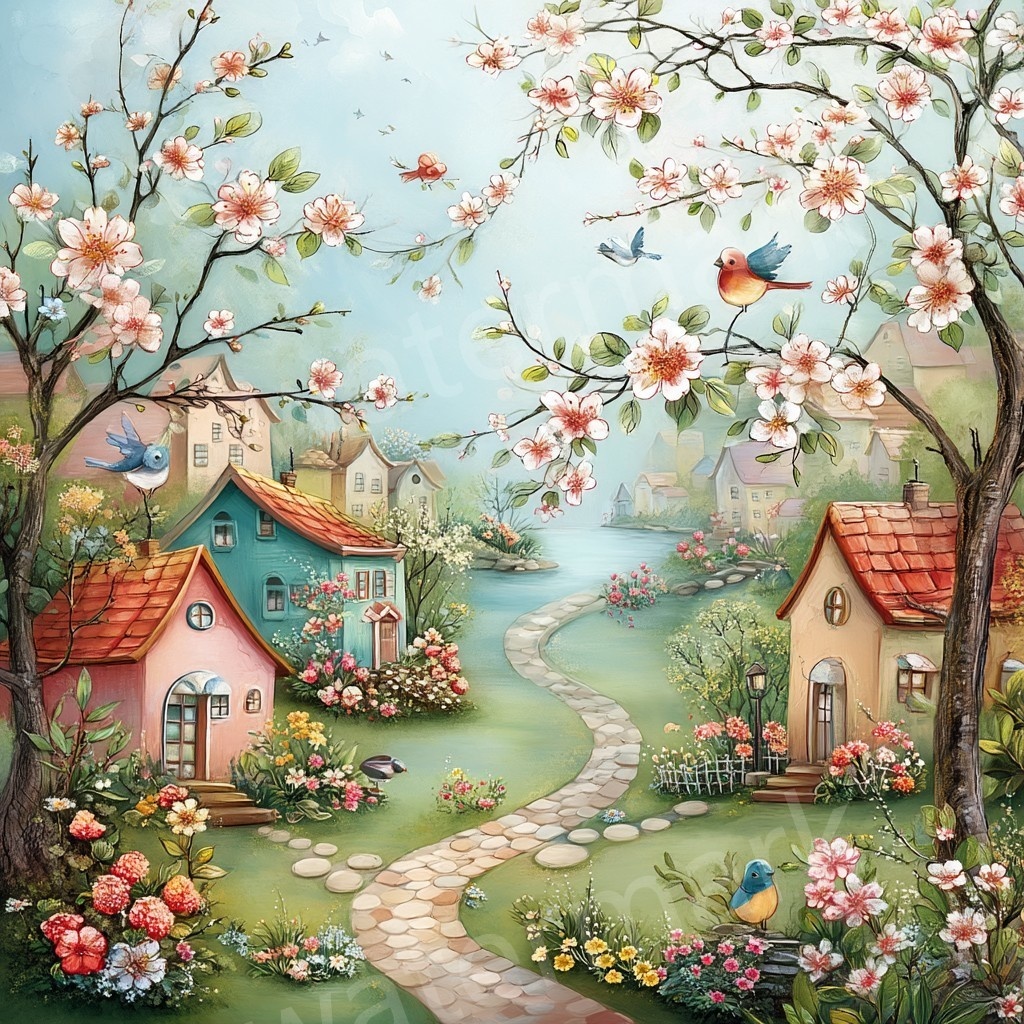 【商用利用可】ウィムジカル春の村(水彩スプリングビレッジ)クリップアート20点セット|高解像度JPG|印刷OK|春の街並み・風景|コラージュ・ジャンクジャーナル素材|即ダウンロード