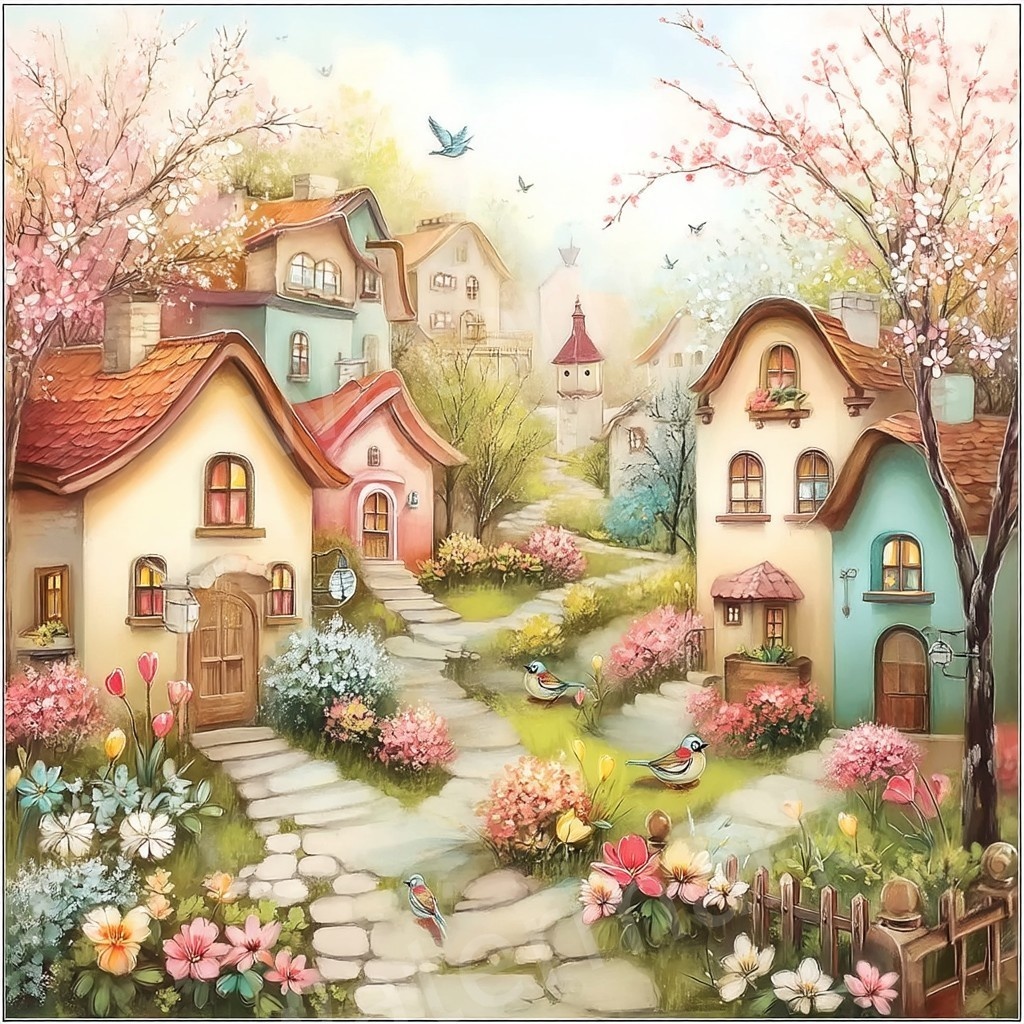 【商用利用可】ウィムジカル春の村(水彩スプリングビレッジ)クリップアート20点セット|高解像度JPG|印刷OK|春の街並み・風景|コラージュ・ジャンクジャーナル素材|即ダウンロード