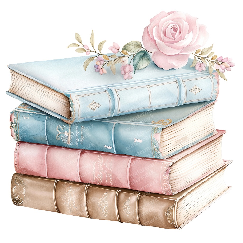 【商用利用可】パステルヴィンテージ本の積み重ね(水彩ブックスタック)クリップアート20点セット|高解像度・透過PNG|ジャンクジャーナル・コラージュ素材|即ダウンロード